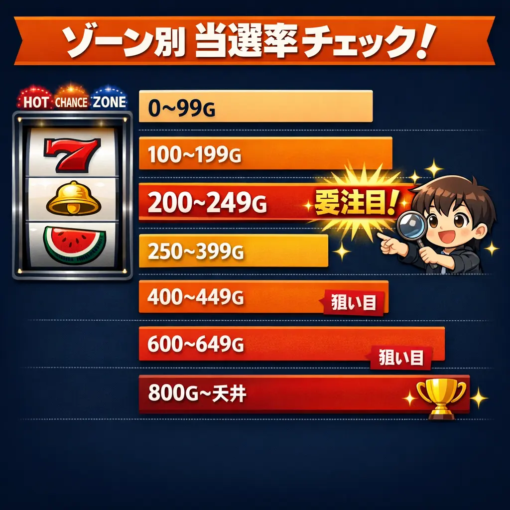 沖ドキゴールドの主要ゾーンとゲーム数別当選率 - 沖ドキゴールド ゾーン